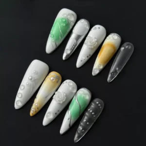Mixed color pearl press-on nails with 3D rose and clear gradient tip – front view