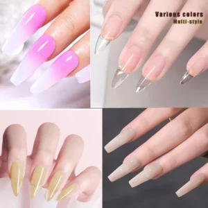 Variety of nail styles achieved with nude and pastel builder gels