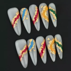 Multicolor foil press-on nails with stiletto shape and glossy finish