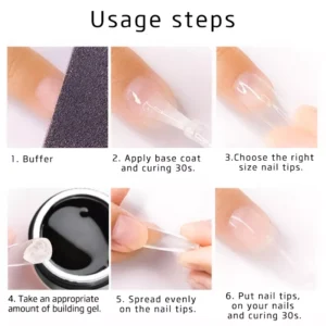 Step-by-step guide applying builder gel using nail tips.