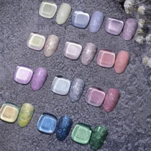Shell Thread Gel Polish color application on nails and sample tiles over textured dark background
