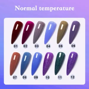 Color-changing thermal gel polish swatches at normal temperature