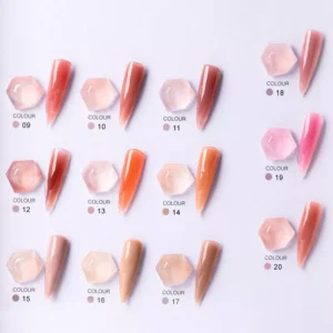 UV Builder Gel swatches 09–20 showing rich nude and peach shades.