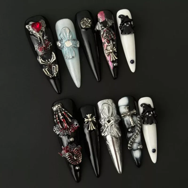 Halloween Gothic Press-On Nails with occult symbols, bat wings, and rhinestone accents