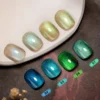 Crystal Prism Cat Eye Gel – Aqua, lime, and mint shimmer swatches on white and gray background