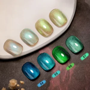 Crystal Prism Cat Eye Gel – Aqua, lime, and mint shimmer swatches on white and gray background
