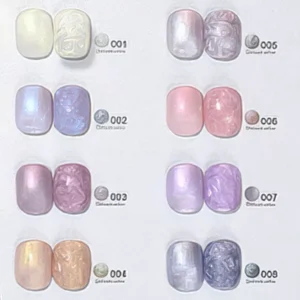 Close-up of Shell Thread Gel swatches in pastel shades – pearl and embossed variants