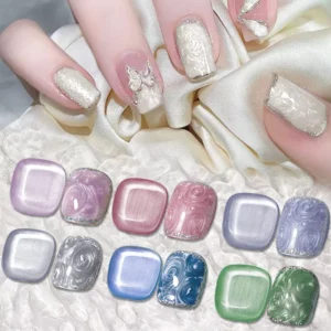 Full nail look in pearl white Shell Thread Gel with butterfly charm