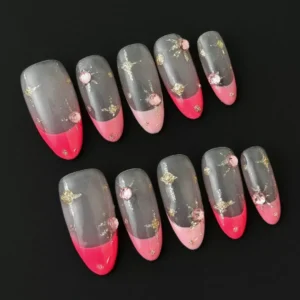 Elegant pink gold press-on nails with mixed French tip and gem accents
