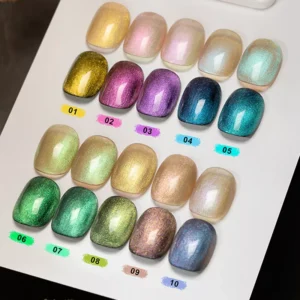 Magnetic prism gel polish swatches lined on chart paper in daylight for accurate tone display.