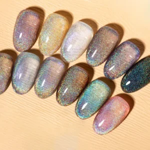 Rainbow Cat Eye Gel Polish swatch showing full-spectrum holographic shift under studio lighting