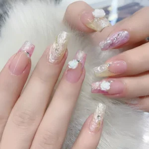 Mixed nail designs featuring Shell Thread texture and florals