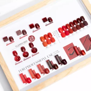 Red Password Gel Polish applied on oval nail tips with a shiny top coat – intense color payoff