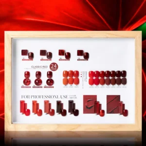 Scarlet red gel polish swatches from Red Password Gel Set, displayed in a gradient from light to deep hues