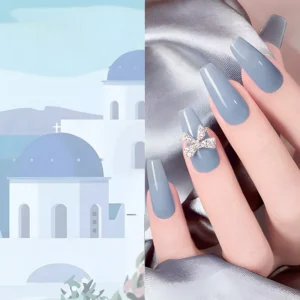 Model hand wearing sheer Mediterranean gel polish in misted blue tones