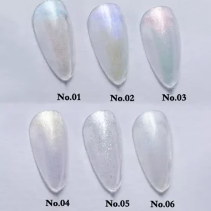 Sparkly gel nail topper shimmer colors 01 to 06 in natural daylight