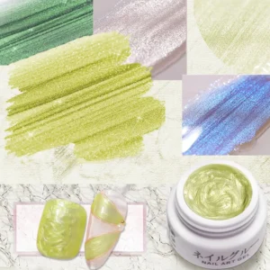 Macro swatches of lime, blue, and shimmer green Shell Thread Gel Polish with application examples
