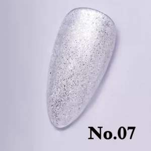 Close-up view of No.07 silver micro glitter top coat on white