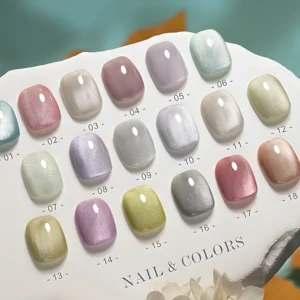 Second full display of 18 pastel square nail tips with magnetic sheen and soft pearl shimmer
