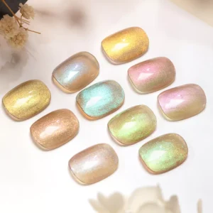 Soft pastel shades of Crystal Prism Cat Eye Gel with holographic reflections on white background.