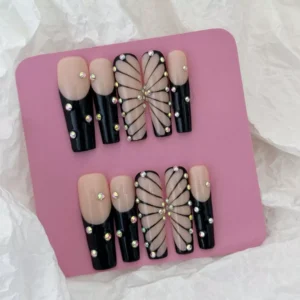 Square-shaped black butterfly press-on nails with glossy finish and minimalist design