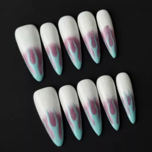 Side view of blue purple stiletto nails with flame nail art and clean white base