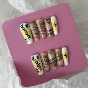 Symbolic street art design on yellow snake print press-on nails, matte finish