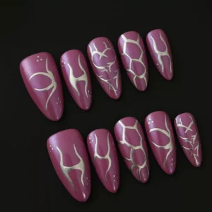 Purple coffin press-on nails with silver line art and tech-inspired pattern details