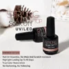 Tempered Top Coat with UV/LED label and sleek matte black bottle on light textured surface