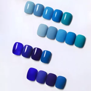 Matte and glossy Klein blue gel polish arranged by tone depth
