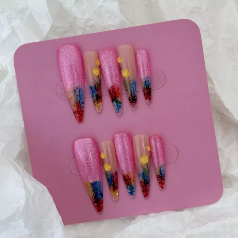 Transparent floral tip nails with glossy pink gradient and 3D flowers