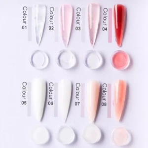 Swatches of 8 UV builder gel colors including clear, pink, and coral tones.