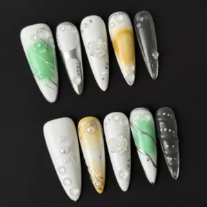 Multicolor pearl nails with white and green ombre on almond tips