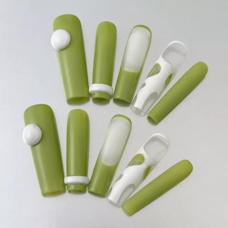 Y2K-inspired olive press-on nails with 3D chrome dome and mixed textures