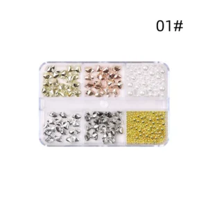 01# Alloy bow nail charms set with pearls and gold caviar beads