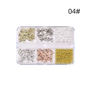 04# Loop-style alloy bow nail decorations with pearls and gold beads