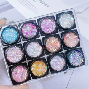12 pots of holographic iridescent glitter for nail and face decor
