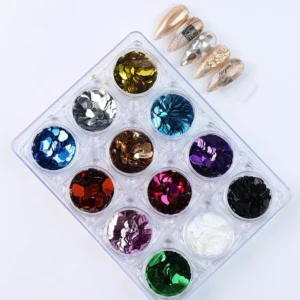 Solid heart nail sequins in 12 metallic colors with nail art samples