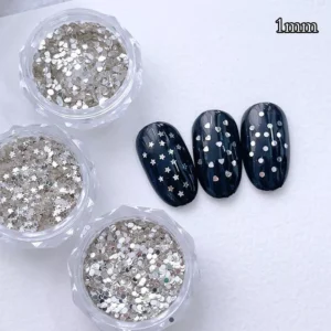 1mm silver heart, star, and dot glitter nail sequins in clear pots with nail tips