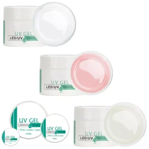 Pink, white, and clear LED builder gels in open containers, creamy smooth texture