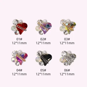 Assorted colors of 3D crystal heart charms with zircon, pearls, and chains