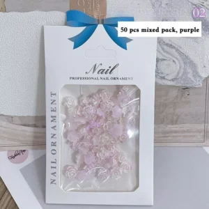 50pcs purple resin floral nail decorations in clear box
