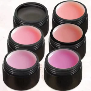 Six creamy shades of Solid Building Gel in black pots