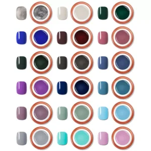 Detailed view of various Nail Art Painting Gel shades in jars alongside swatches on nails.