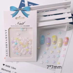 Product packaging showing 7mm 3D star aurora nail decorations