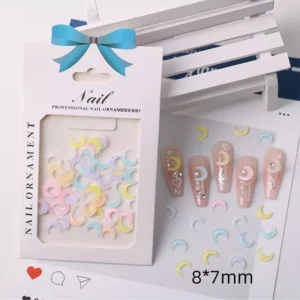 Aurora moon nail charms in pastel tones, 8×7mm size pack