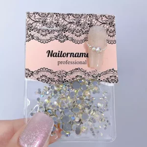 AB champagne nail crystals in assorted sizes and sparkle finishes