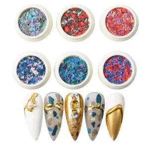 Bright Crushed Stone Nail Flakes in bold blue and red hues with luxury nail designs