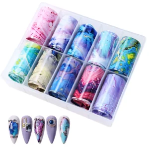 Swirled abstract nail foil designs in vivid pink, blue, and purple tones
