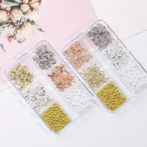 Alloy bow nail charms kit with 3D pearls and gold beads in assorted colors